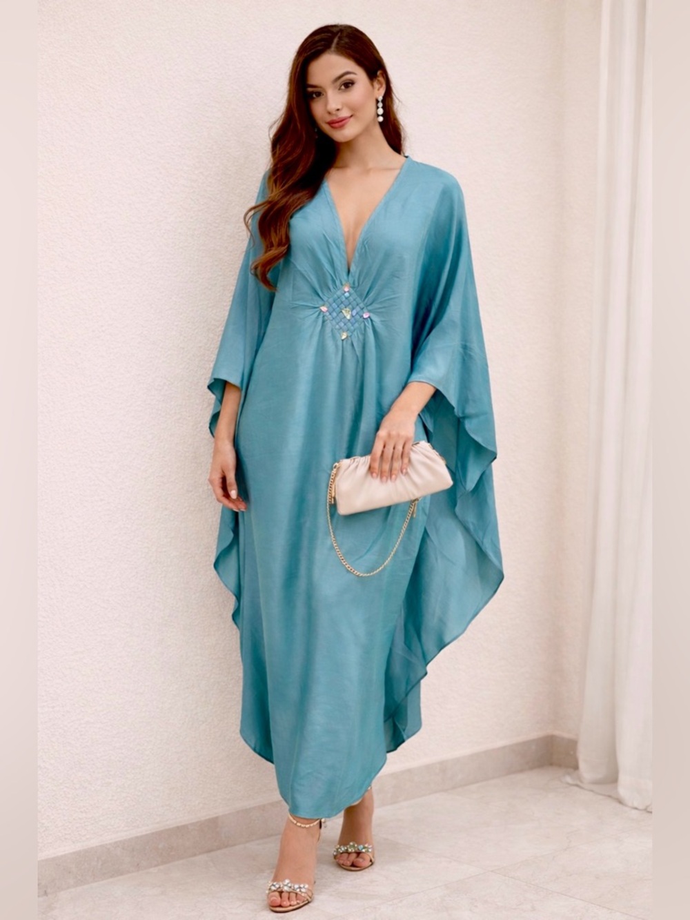 Elegant & Flowing Turquoise Kaftan Maxi Dress – Perfect for Special Occasions.